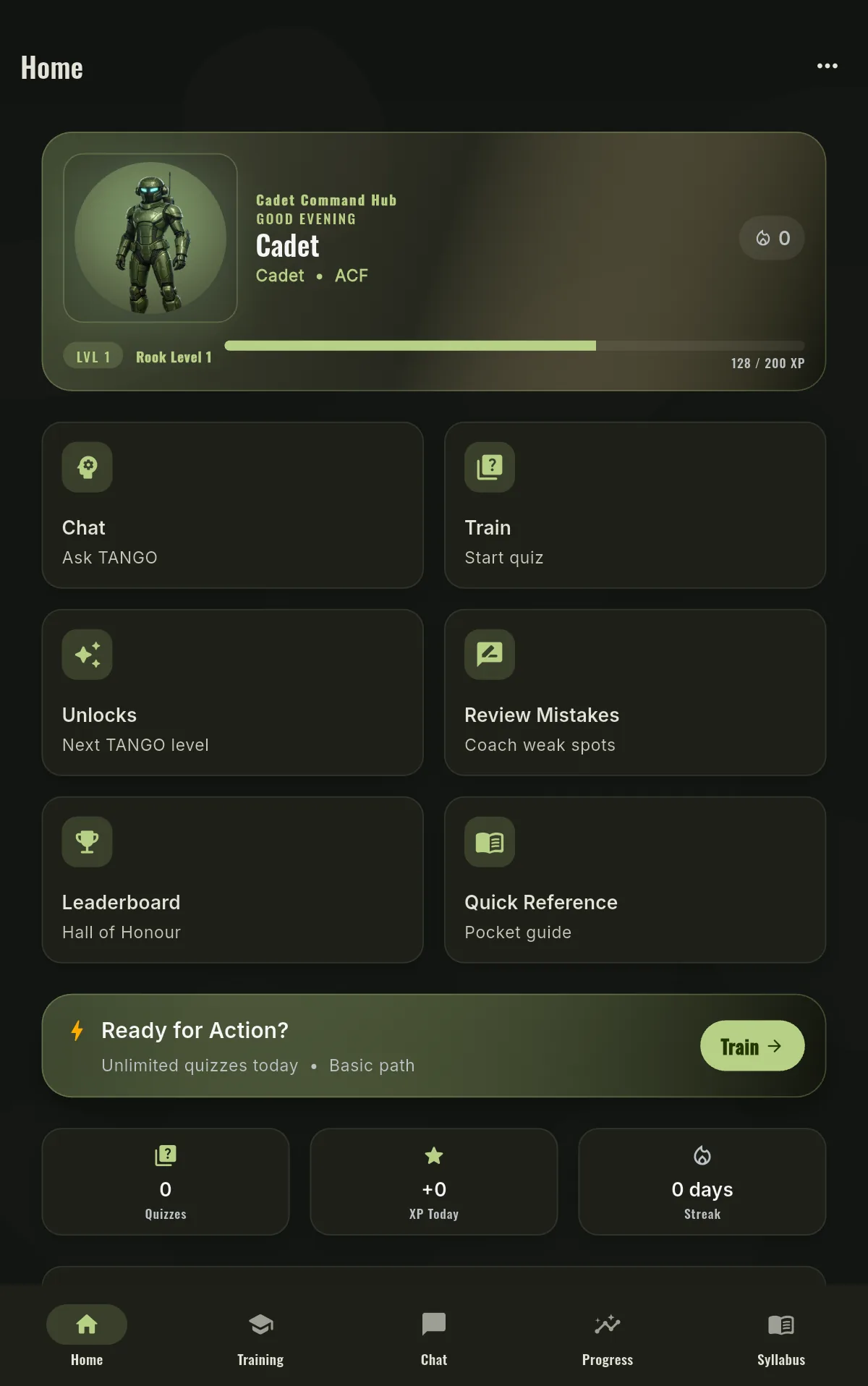 Cadet AI home hub showing the selected TANGO, XP progress, quick actions and streak