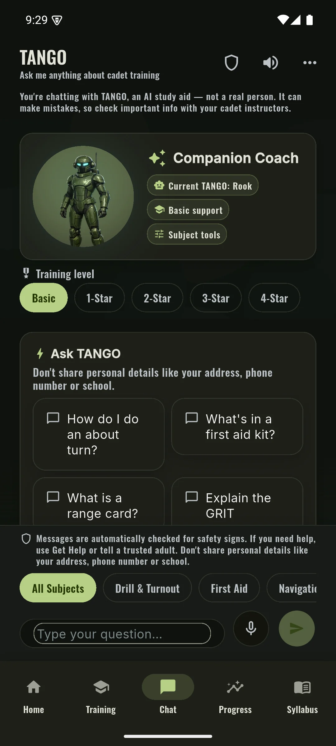 Phone TANGO chat with the selected character and cadet training prompt chips