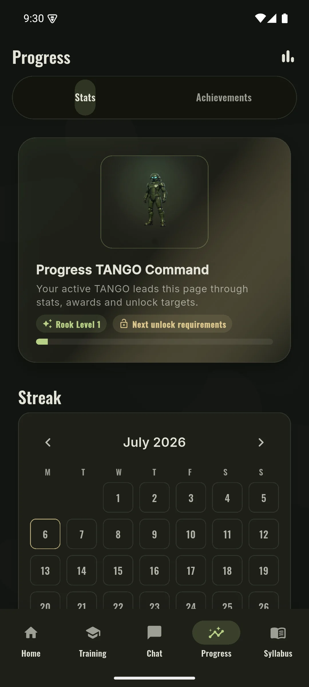 Phone progress screen showing selected TANGO command card, streak calendar and stats