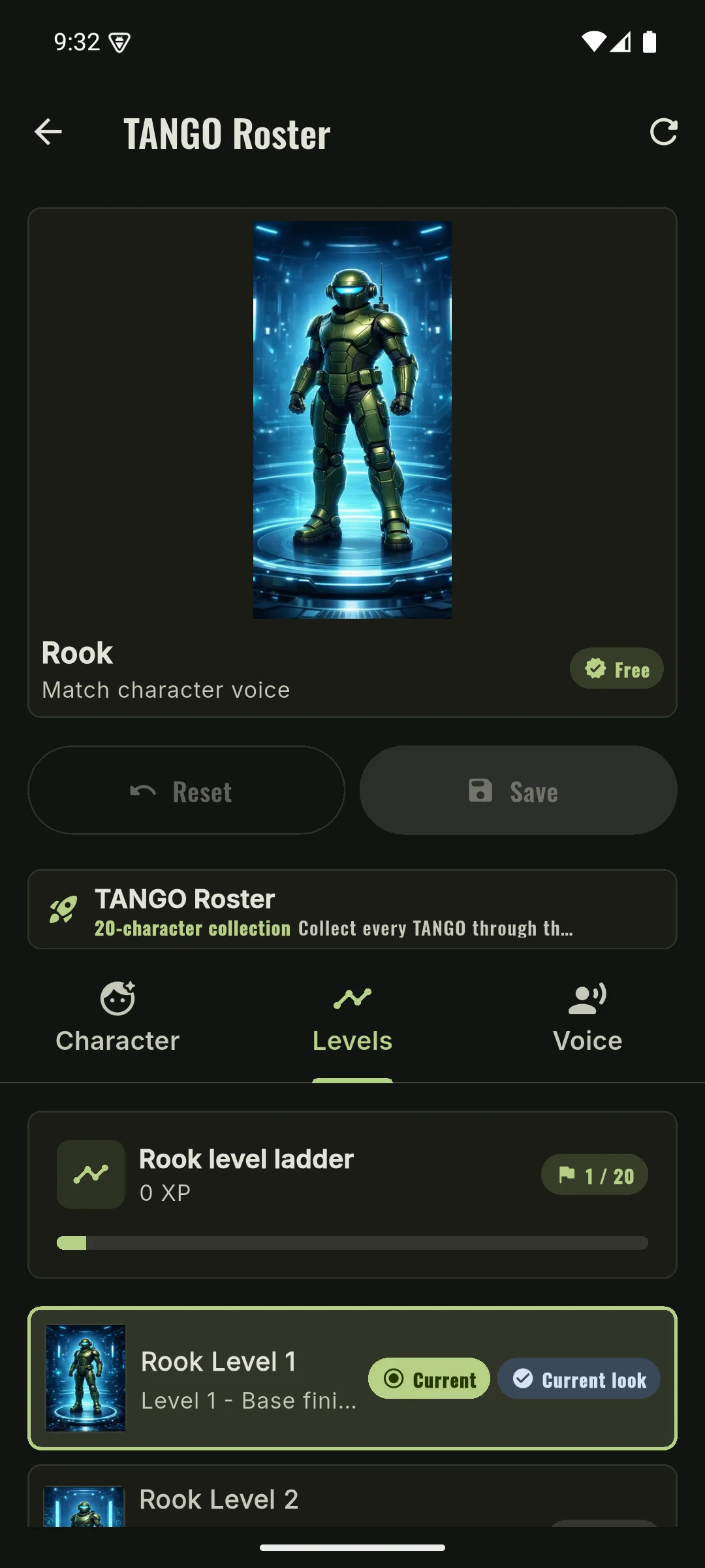 Phone TANGO level ladder showing the next unlock requirement and level 1 to 20 progression