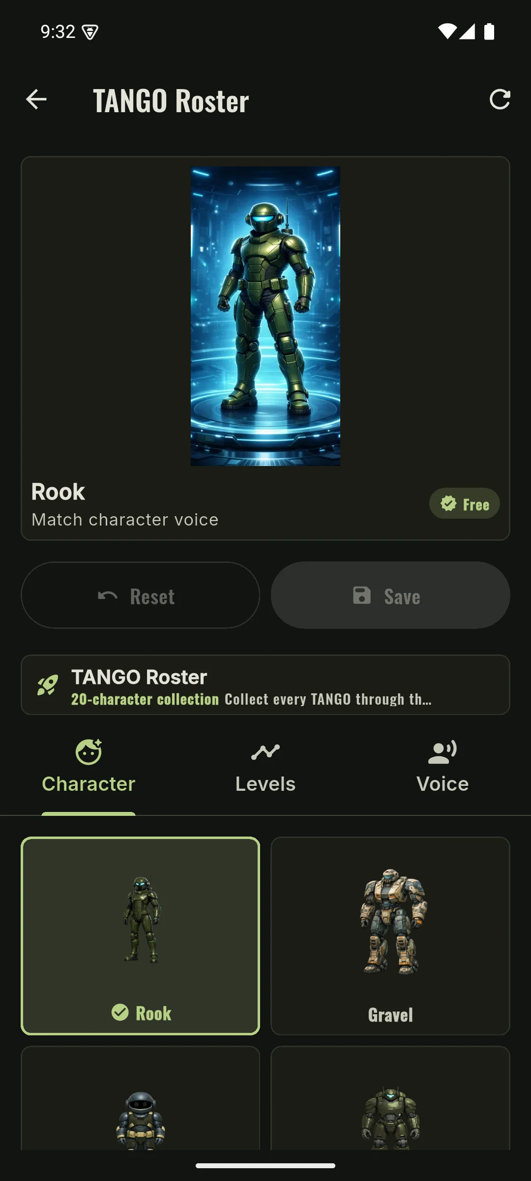Phone TANGO Roster showing unlockable TANGO characters and selected Rook artwork