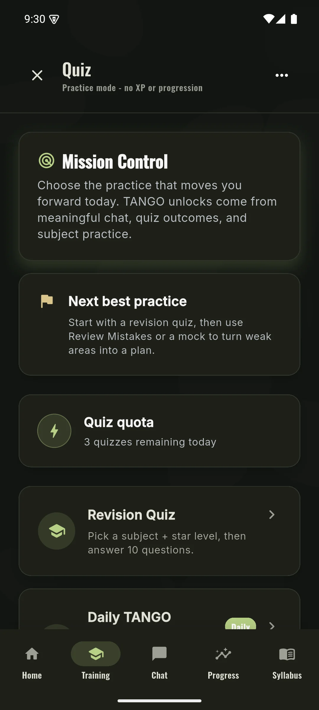Phone training hub with revision quiz, Daily TANGO Challenge, mock assessment and review mistakes