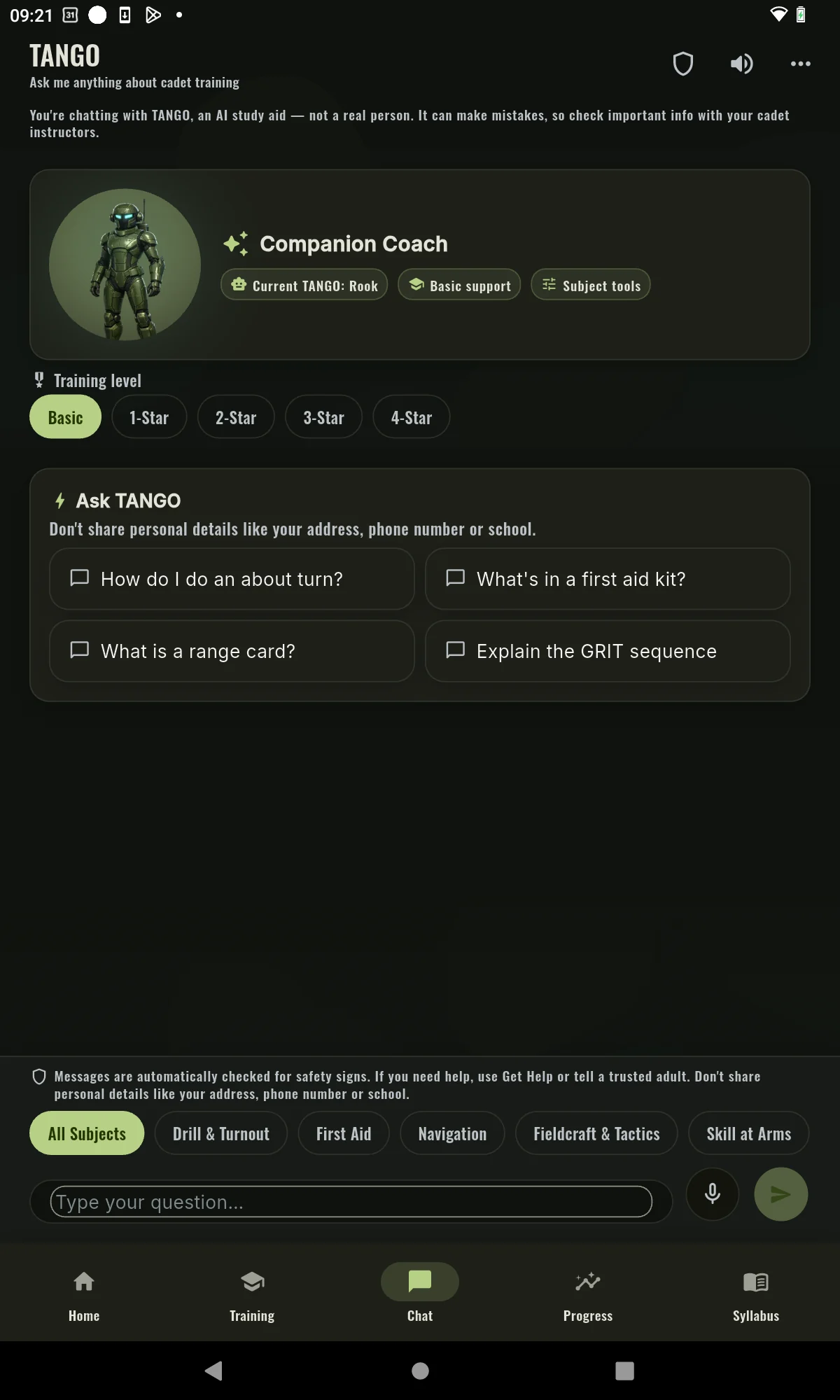 Tablet TANGO chat with selected character and message area