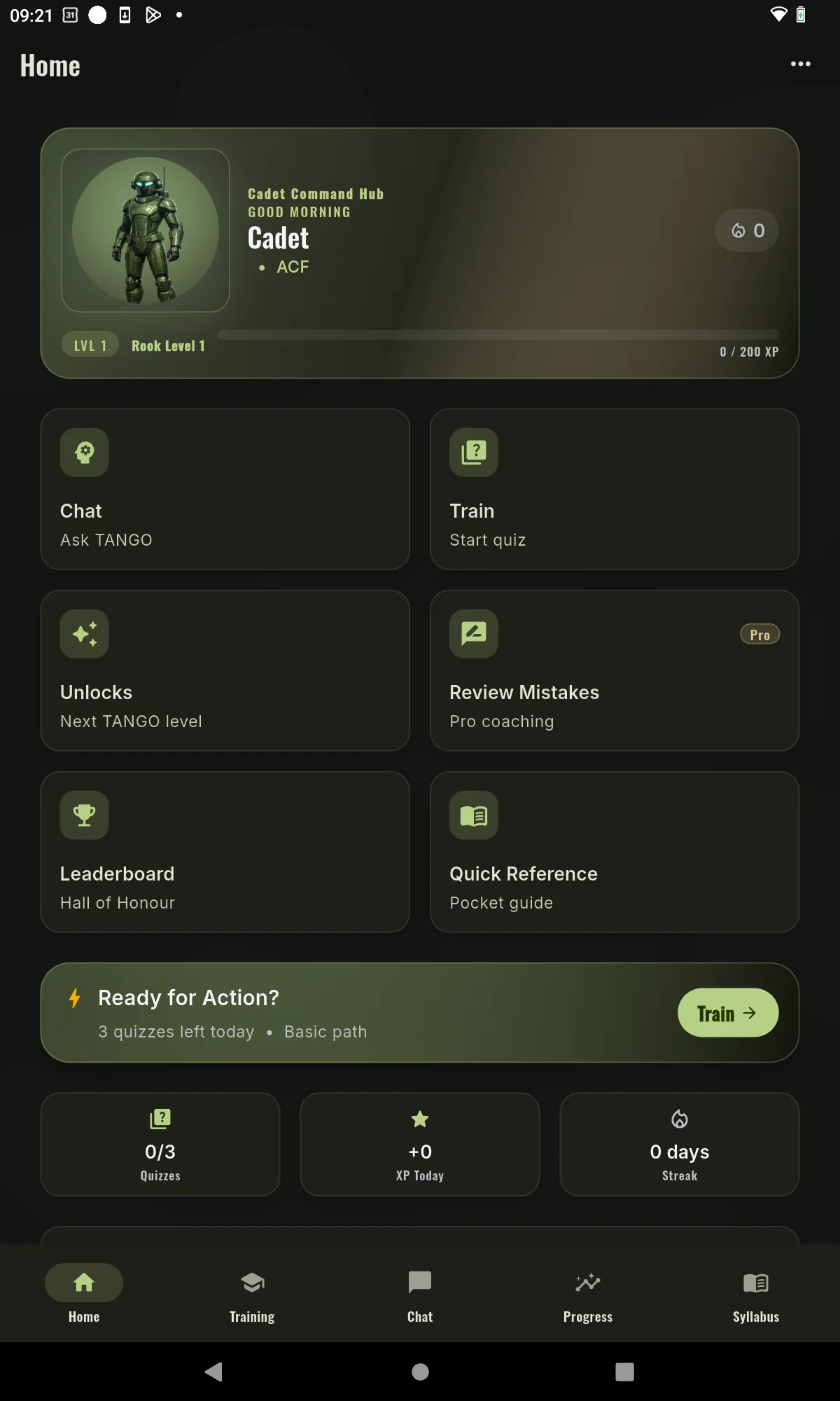 Tablet home hub with selected TANGO, progress and quick actions