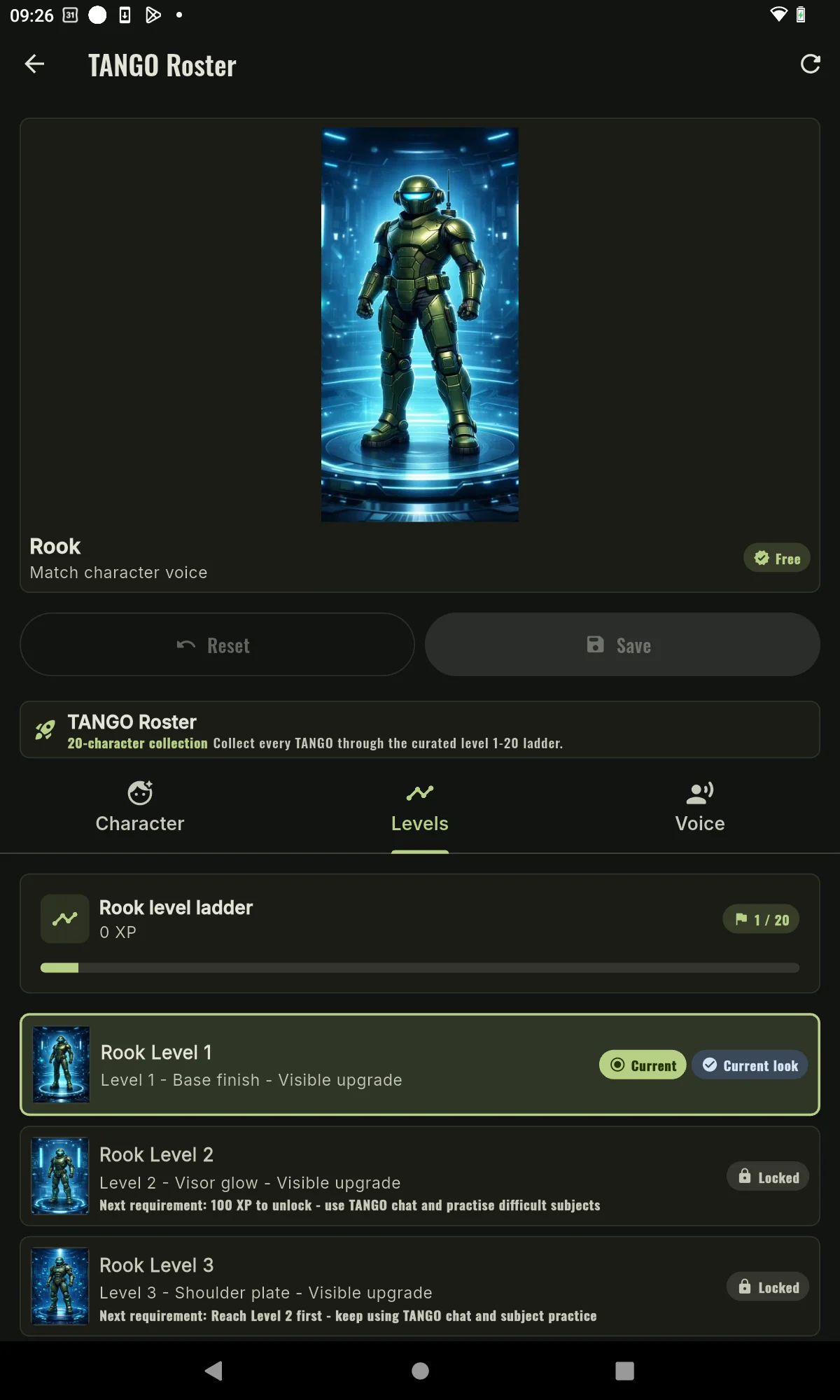 Tablet TANGO level ladder with next unlock requirements
