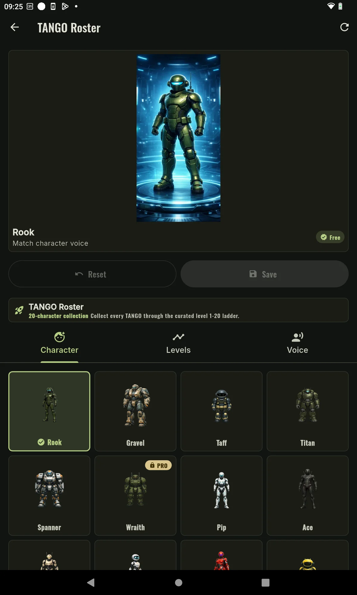 Tablet TANGO Roster showing characters and unlockable progression
